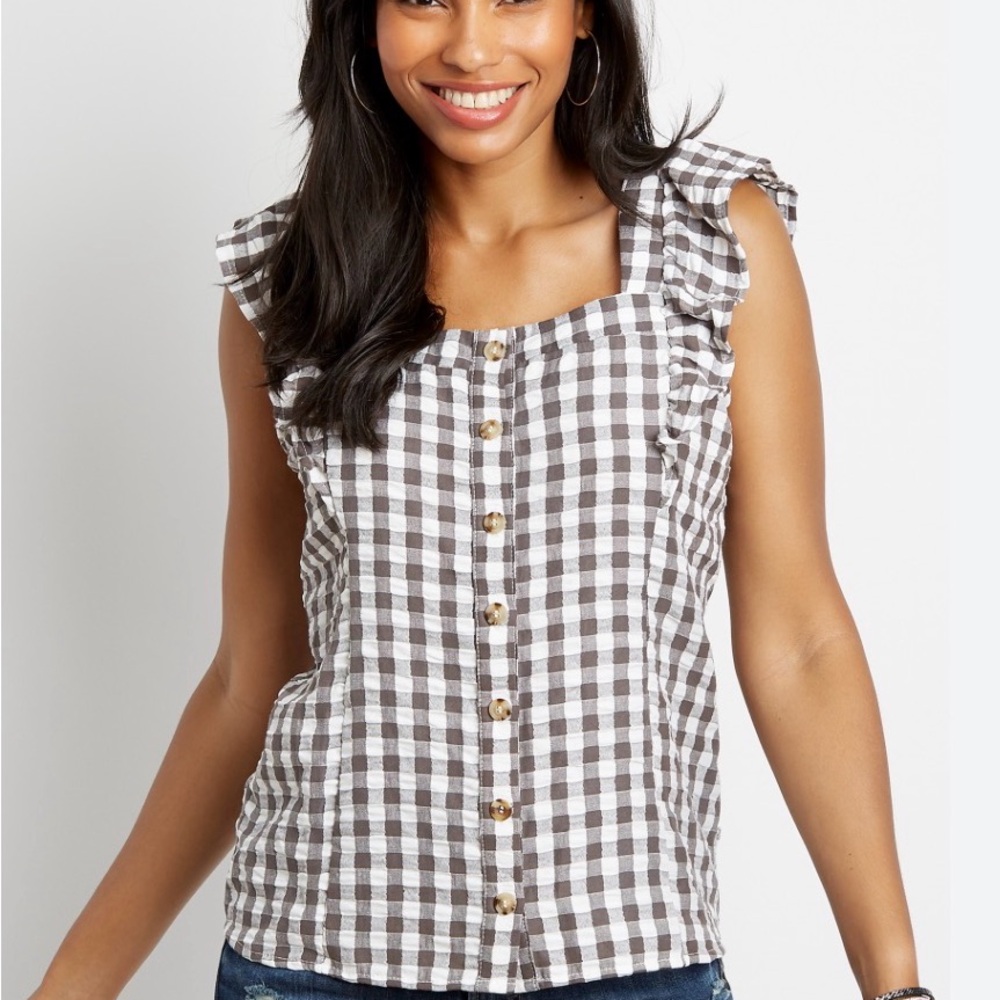 🩷. Gingham Ruffle-Sleeve Button Front Top - Brown/White